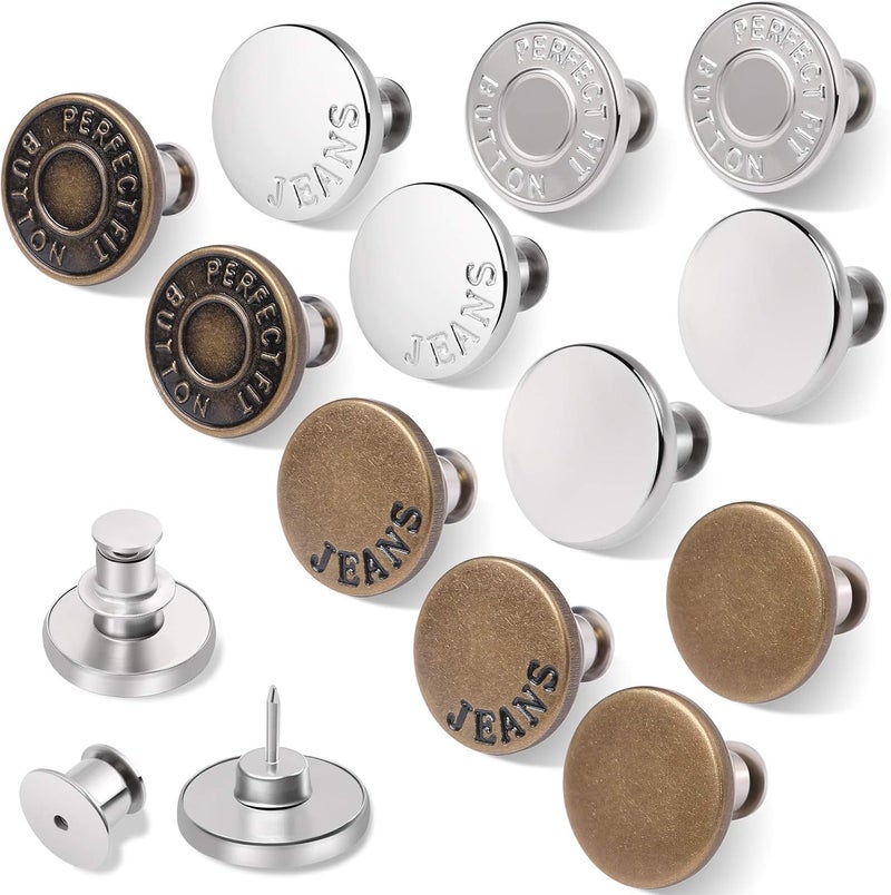 Ceryvop 12 Sets Button Pins for Jeans, No Sew and No Tools Instant Replacement Snap Tack Pant Button, Reusable and Adjustable Metal Pants Tightener - Image 1